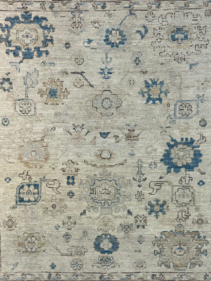 Ivory, Soft Gray &amp; Blue Floral Oushak Style Area Rug – 8’2” x 9’10”