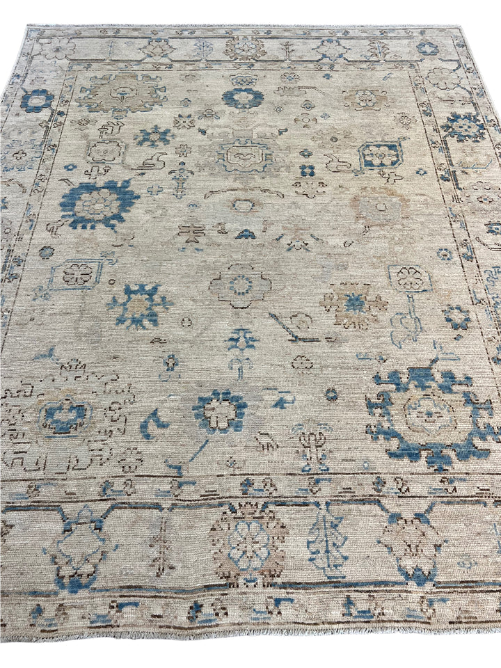 Ivory, Soft Gray &amp; Blue Floral Oushak Style Area Rug – 8’2” x 9’10”