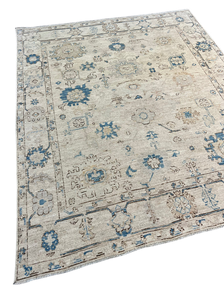 Ivory, Soft Gray &amp; Blue Floral Oushak Style Area Rug – 8’2” x 9’10”