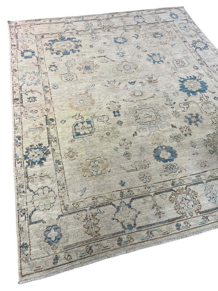 Ivory, Soft Gray &amp; Blue Floral Oushak Style Area Rug – 8’2” x 9’10”