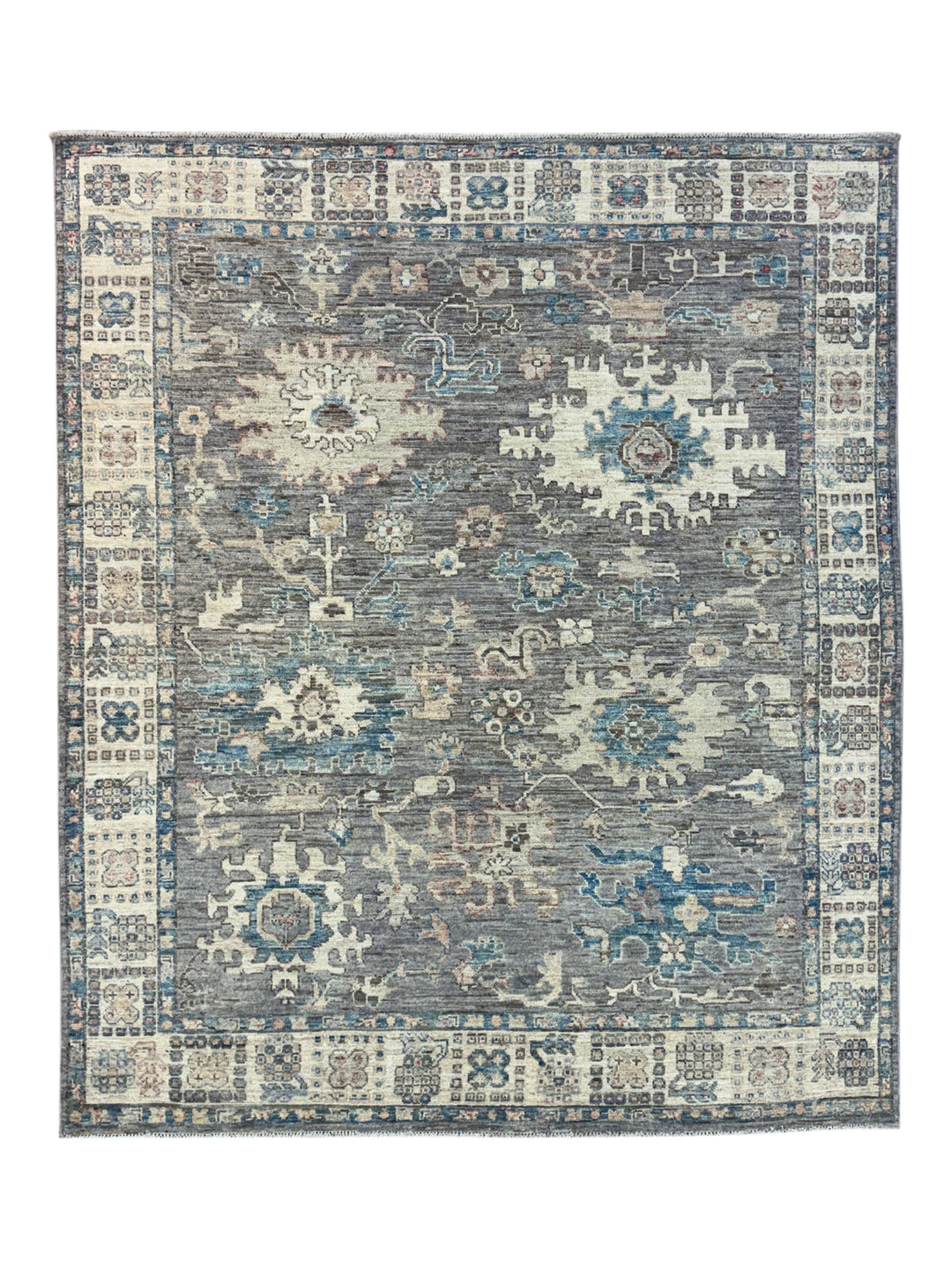 Charcoal Gray, Ivory &amp; Teal Blue Floral Oushak Style Area Rug – 8’2” x 9’8”