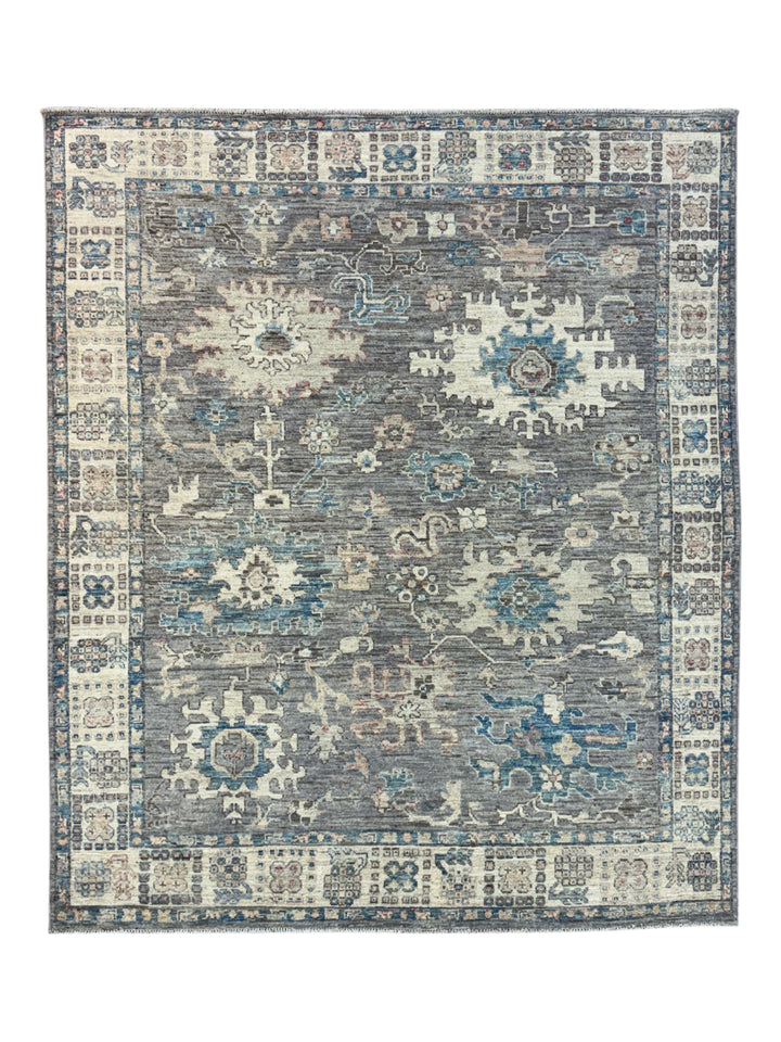 Charcoal Gray, Ivory &amp; Teal Blue Floral Oushak Style Area Rug – 8’2” x 9’8”
