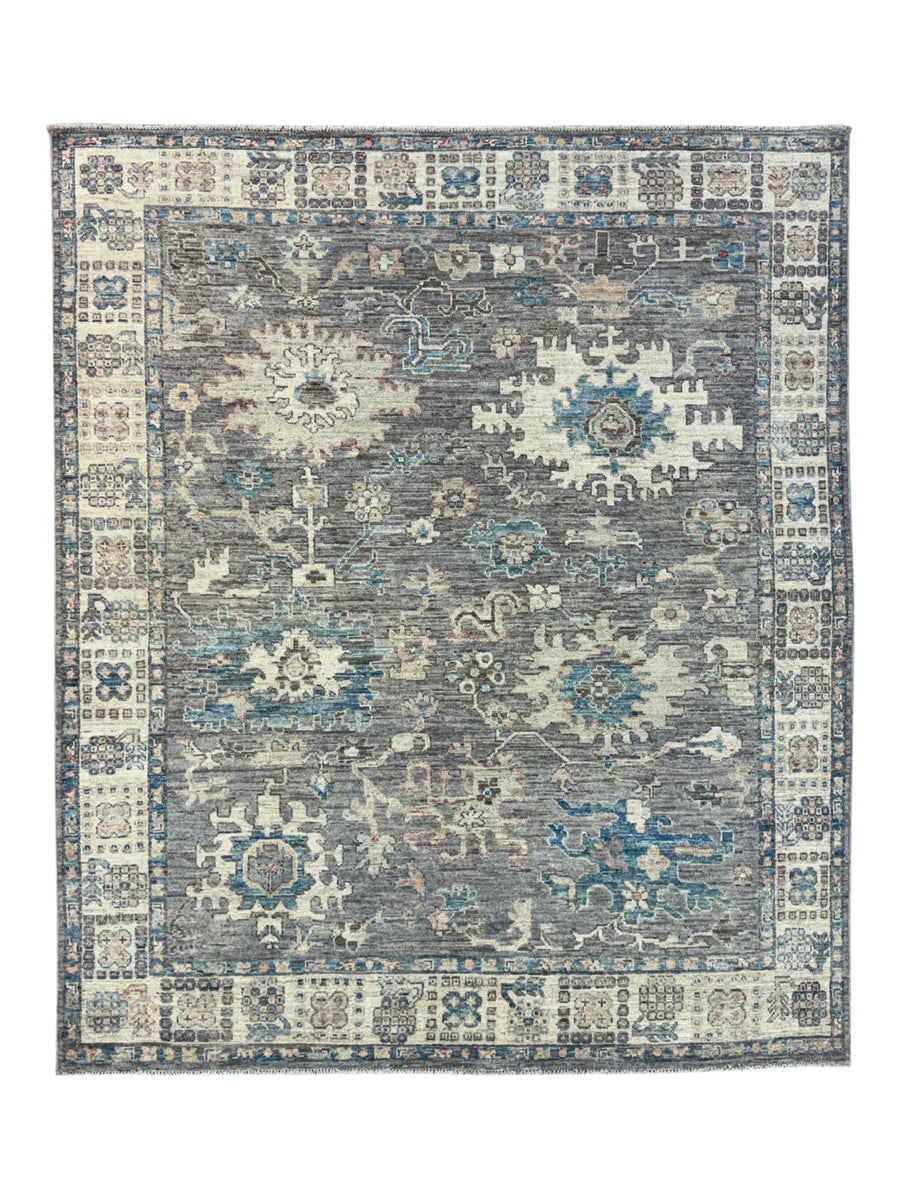 Charcoal Gray, Ivory & Teal Blue Floral Oushak Style Area Rug – 8’2” x 9’8”