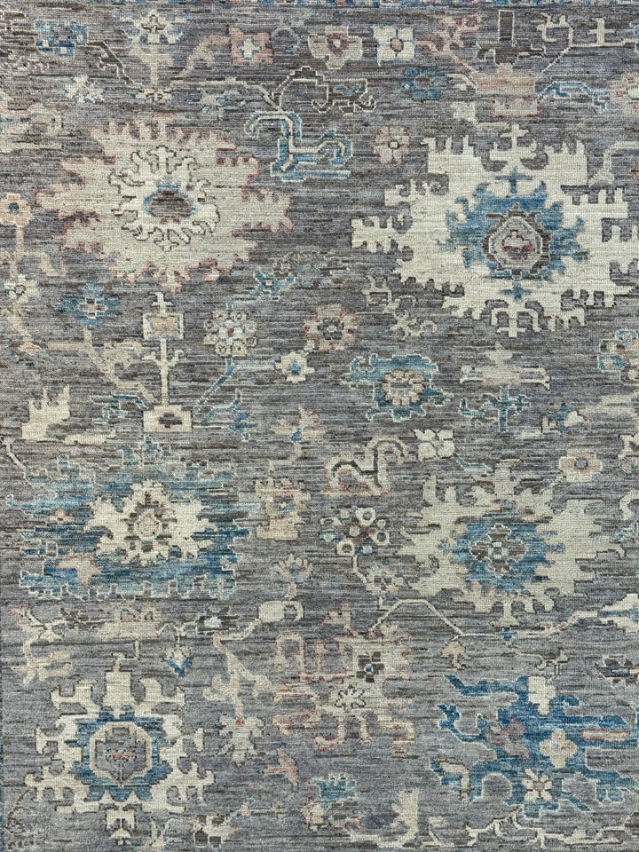 Charcoal Gray, Ivory &amp; Teal Blue Floral Oushak Style Area Rug – 8’2” x 9’8”