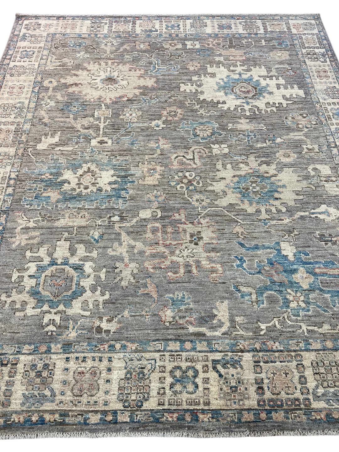 Charcoal Gray, Ivory &amp; Teal Blue Floral Oushak Style Area Rug – 8’2” x 9’8”