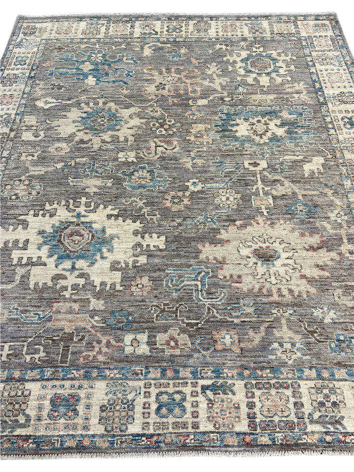 Charcoal Gray, Ivory &amp; Teal Blue Floral Oushak Style Area Rug – 8’2” x 9’8”