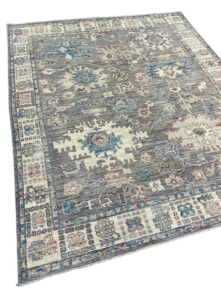 Charcoal Gray, Ivory &amp; Teal Blue Floral Oushak Style Area Rug – 8’2” x 9’8”