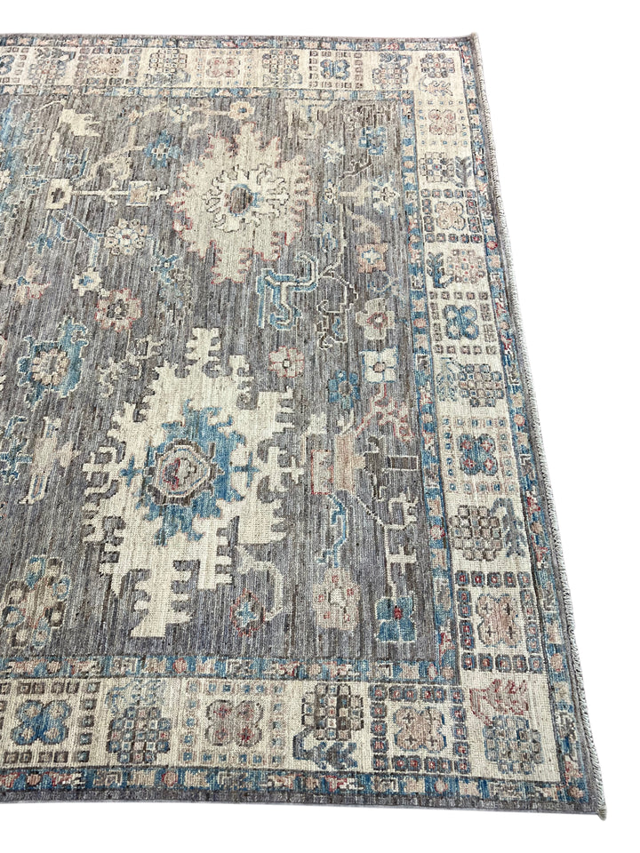 Charcoal Gray, Ivory &amp; Teal Blue Floral Oushak Style Area Rug – 8’2” x 9’8”