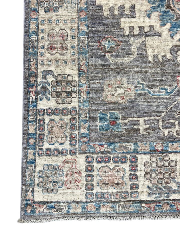 Charcoal Gray, Ivory &amp; Teal Blue Floral Oushak Style Area Rug – 8’2” x 9’8”