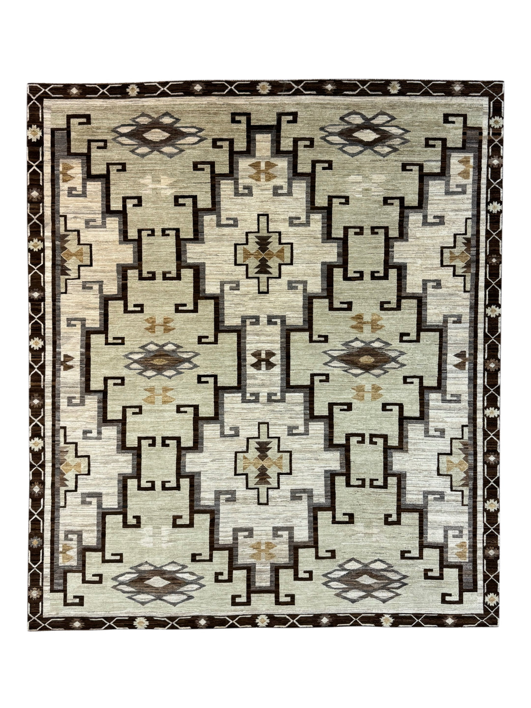Ivory, Sage &amp; Dark Brown Geometric Wool Area Rug – 8’3” x 9’7”