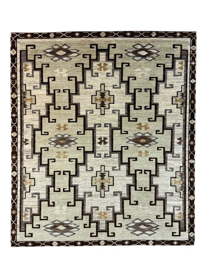 Ivory, Sage &amp; Dark Brown Geometric Wool Area Rug – 8’3” x 9’7”