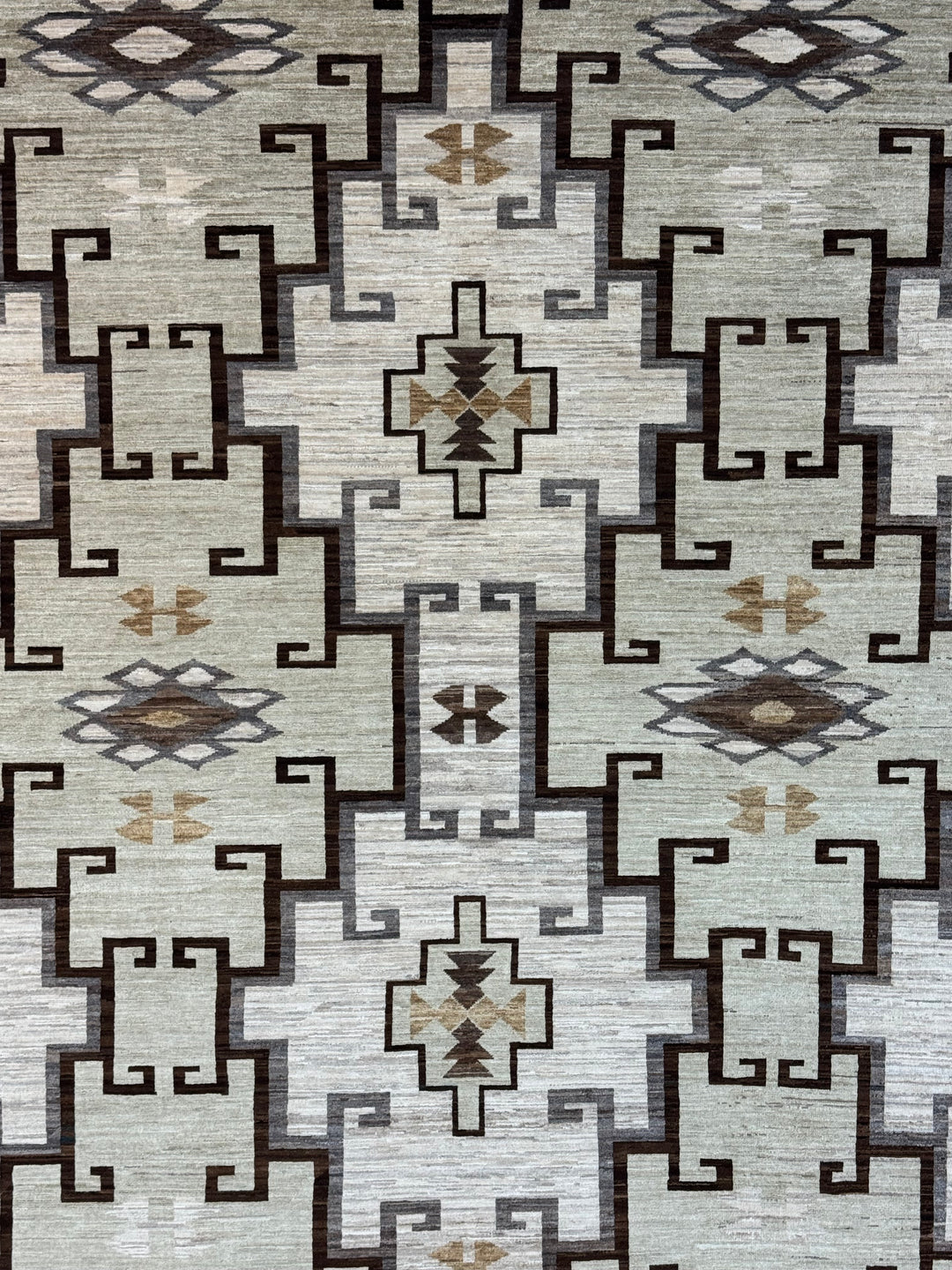 Ivory, Sage &amp; Dark Brown Geometric Wool Area Rug – 8’3” x 9’7”