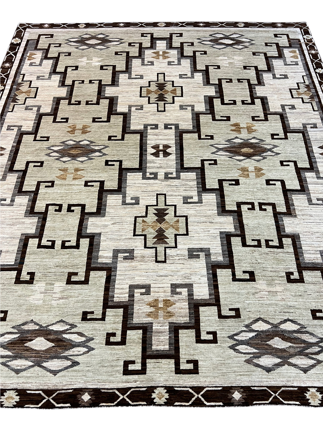 Ivory, Sage &amp; Dark Brown Geometric Wool Area Rug – 8’3” x 9’7”
