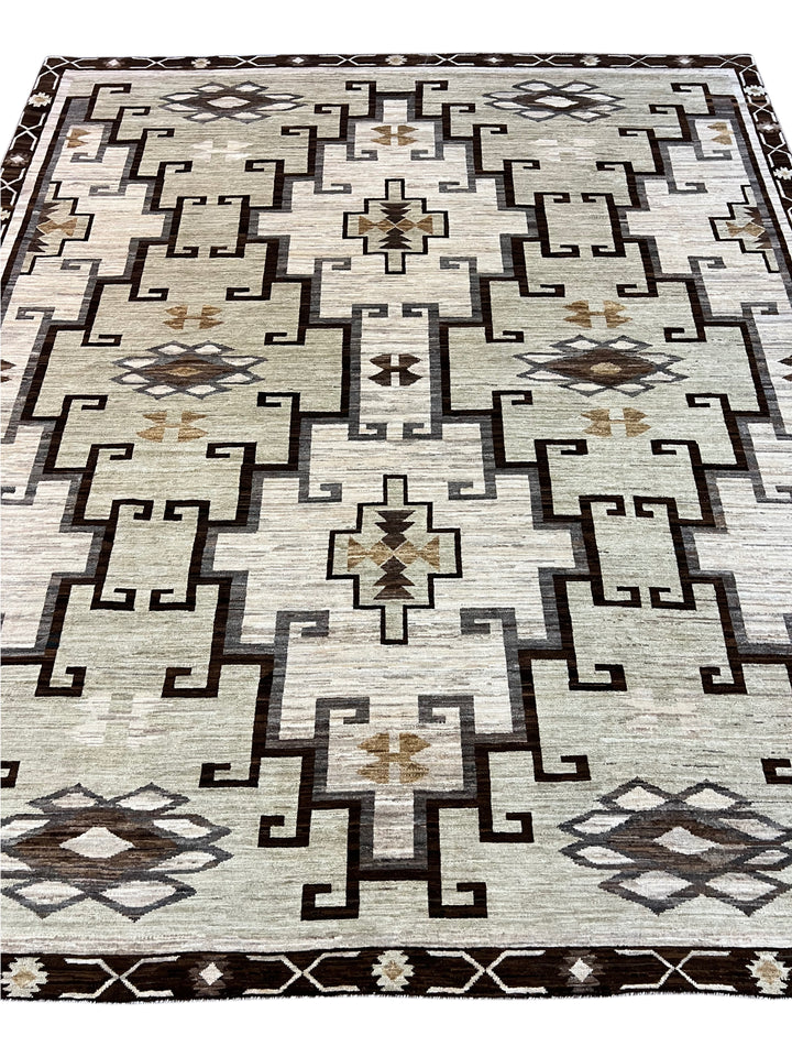 Ivory, Sage &amp; Dark Brown Geometric Wool Area Rug – 8’3” x 9’7”