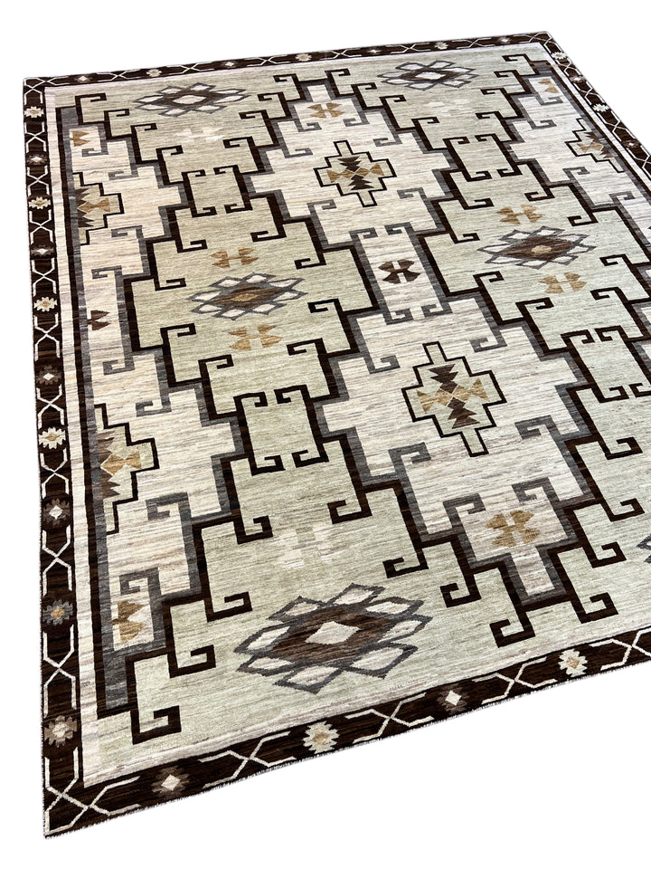 Ivory, Sage &amp; Dark Brown Geometric Wool Area Rug – 8’3” x 9’7”