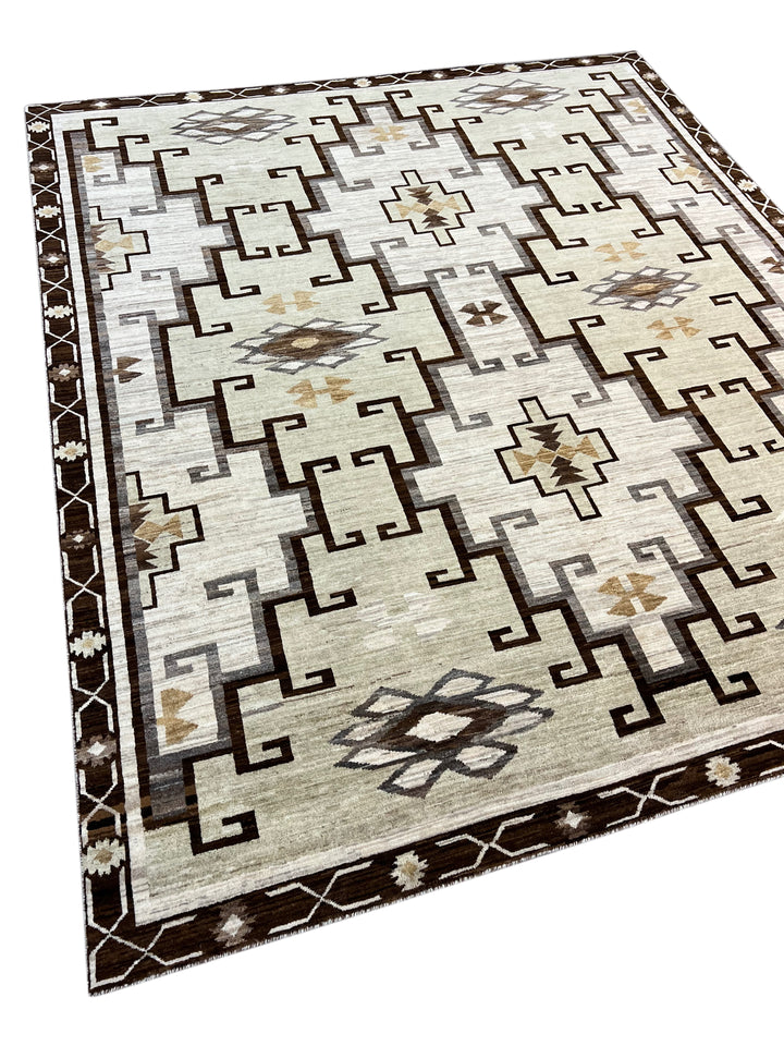 Ivory, Sage &amp; Dark Brown Geometric Wool Area Rug – 8’3” x 9’7”