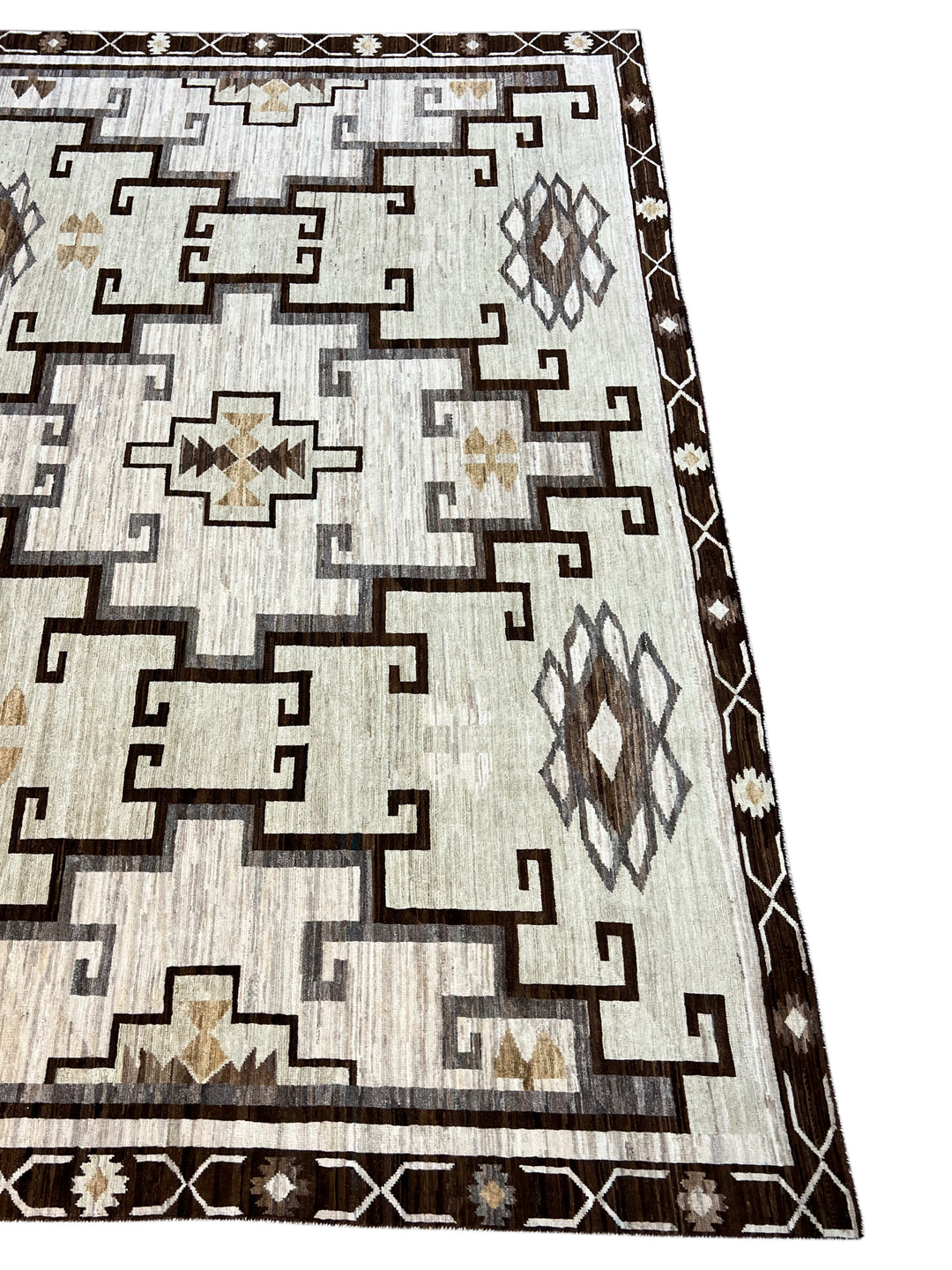 Ivory, Sage &amp; Dark Brown Geometric Wool Area Rug – 8’3” x 9’7”