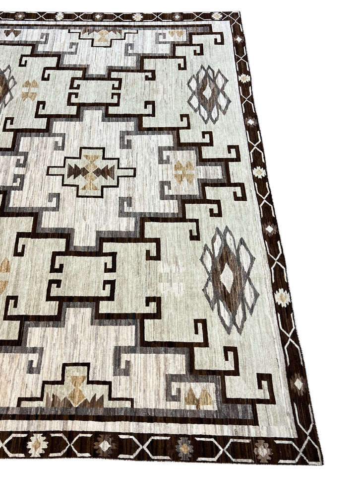Ivory, Sage &amp; Dark Brown Geometric Wool Area Rug – 8’3” x 9’7”
