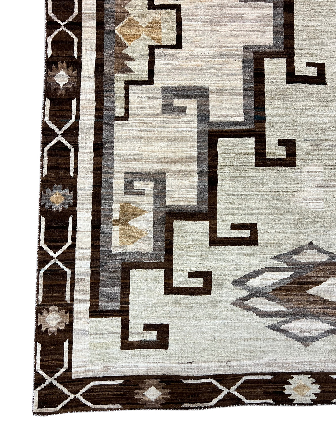 Ivory, Sage &amp; Dark Brown Geometric Wool Area Rug – 8’3” x 9’7”