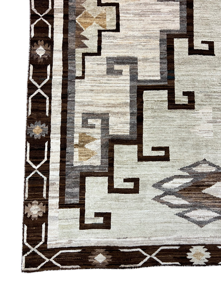 Ivory, Sage &amp; Dark Brown Geometric Wool Area Rug – 8’3” x 9’7”