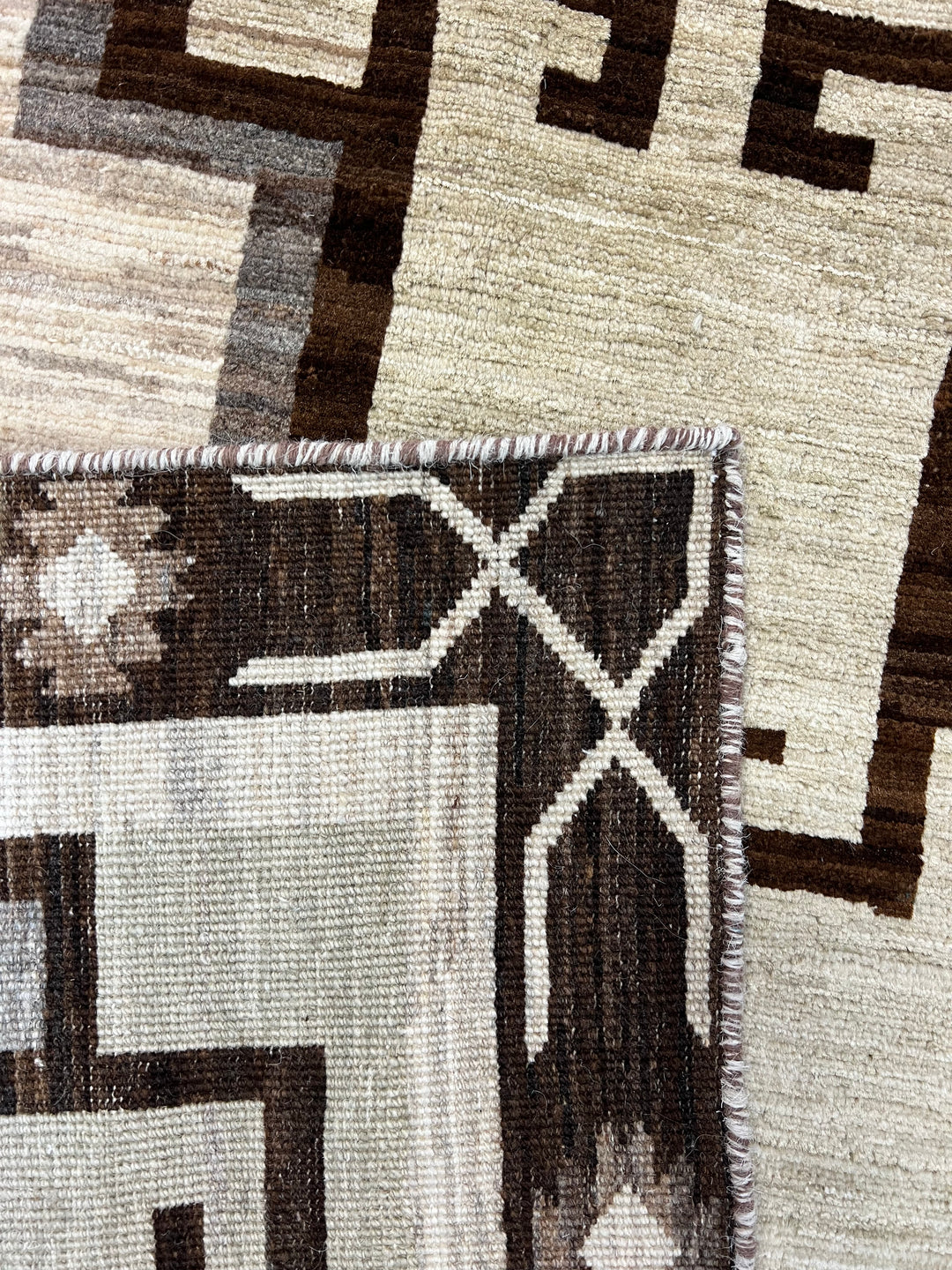 Ivory, Sage &amp; Dark Brown Geometric Wool Area Rug – 8’3” x 9’7”