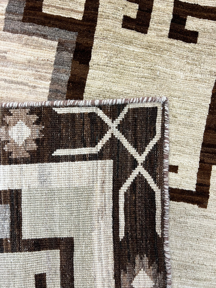 Ivory, Sage &amp; Dark Brown Geometric Wool Area Rug – 8’3” x 9’7”