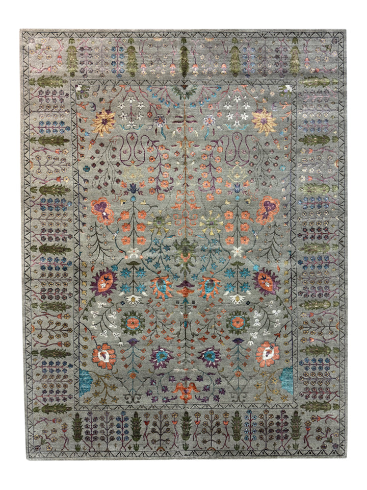 Sage Gray, Coral &amp; Turquoise Botanical Floral Area Rug – 9’1” x 12’1”