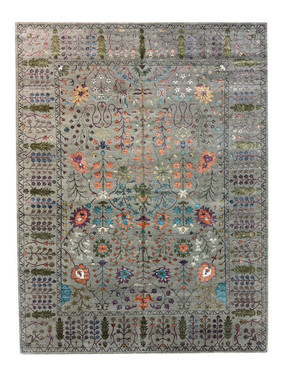 Sage Gray, Coral & Turquoise Botanical Floral Area Rug – 9’1” x 12’1”