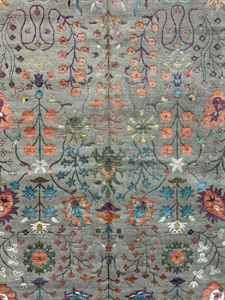 Sage Gray, Coral &amp; Turquoise Botanical Floral Area Rug – 9’1” x 12’1”