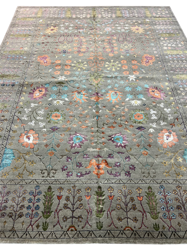 Sage Gray, Coral &amp; Turquoise Botanical Floral Area Rug – 9’1” x 12’1”