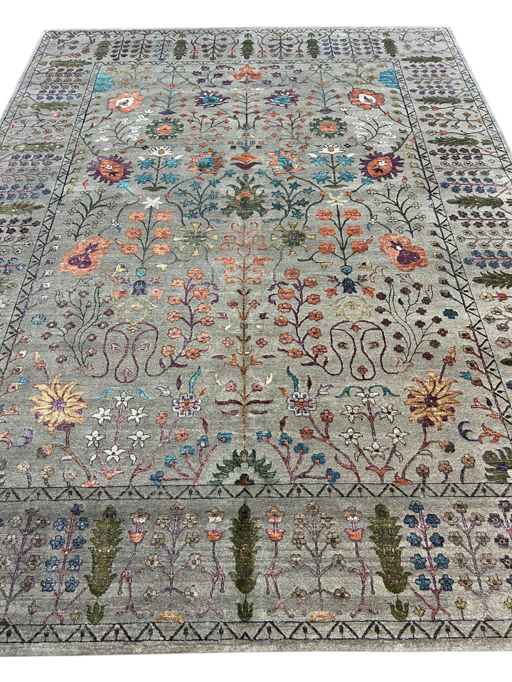 Sage Gray, Coral &amp; Turquoise Botanical Floral Area Rug – 9’1” x 12’1”