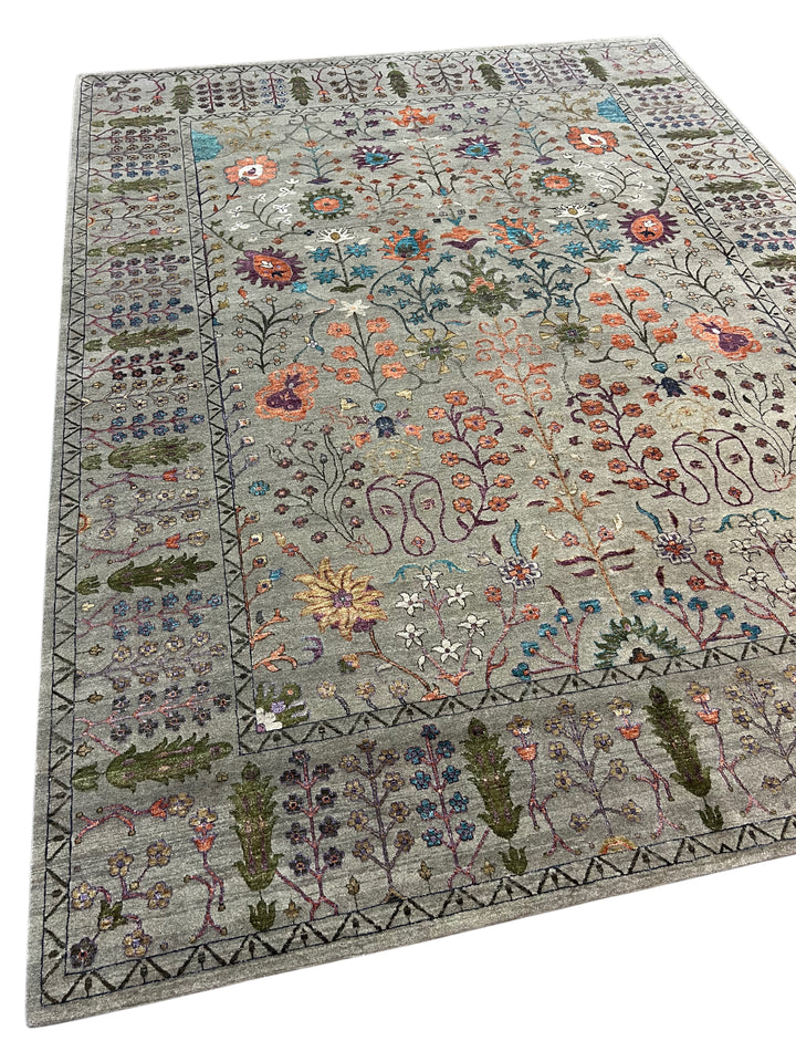 Sage Gray, Coral &amp; Turquoise Botanical Floral Area Rug – 9’1” x 12’1”