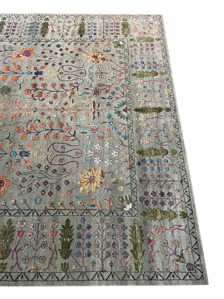 Sage Gray, Coral &amp; Turquoise Botanical Floral Area Rug – 9’1” x 12’1”