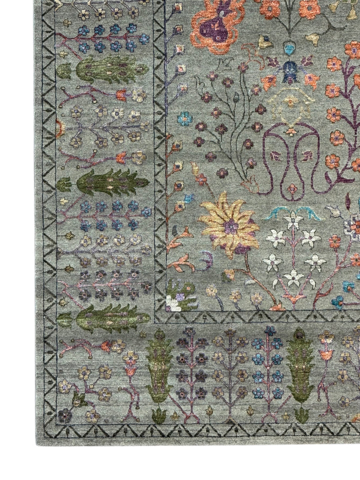Sage Gray, Coral &amp; Turquoise Botanical Floral Area Rug – 9’1” x 12’1”