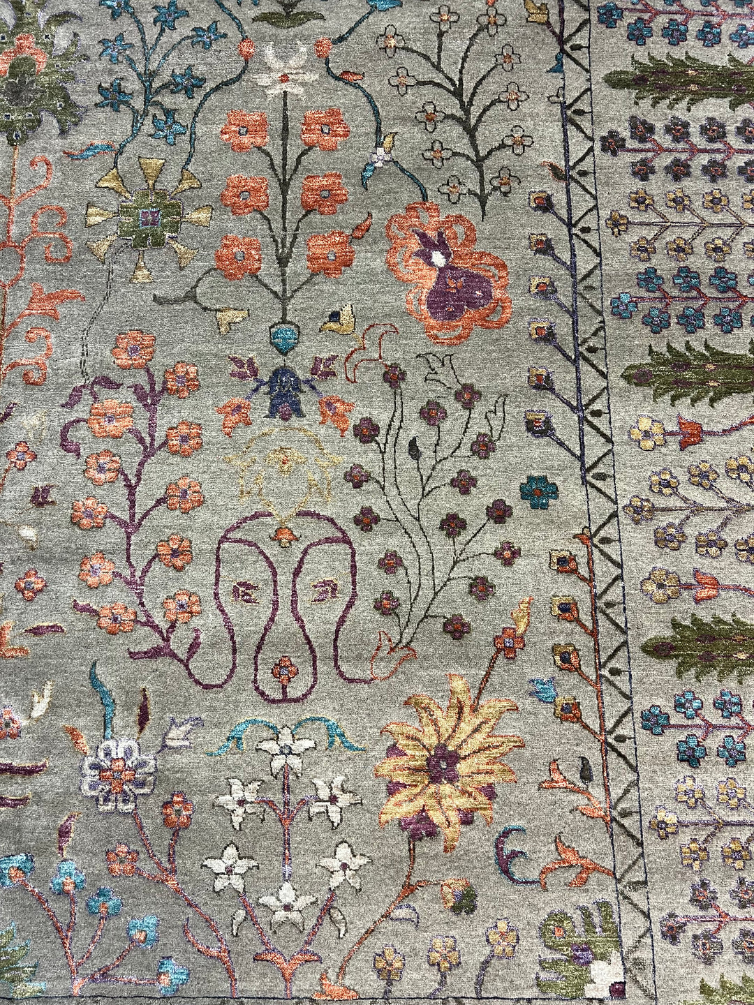 Sage Gray, Coral &amp; Turquoise Botanical Floral Area Rug – 9’1” x 12’1”