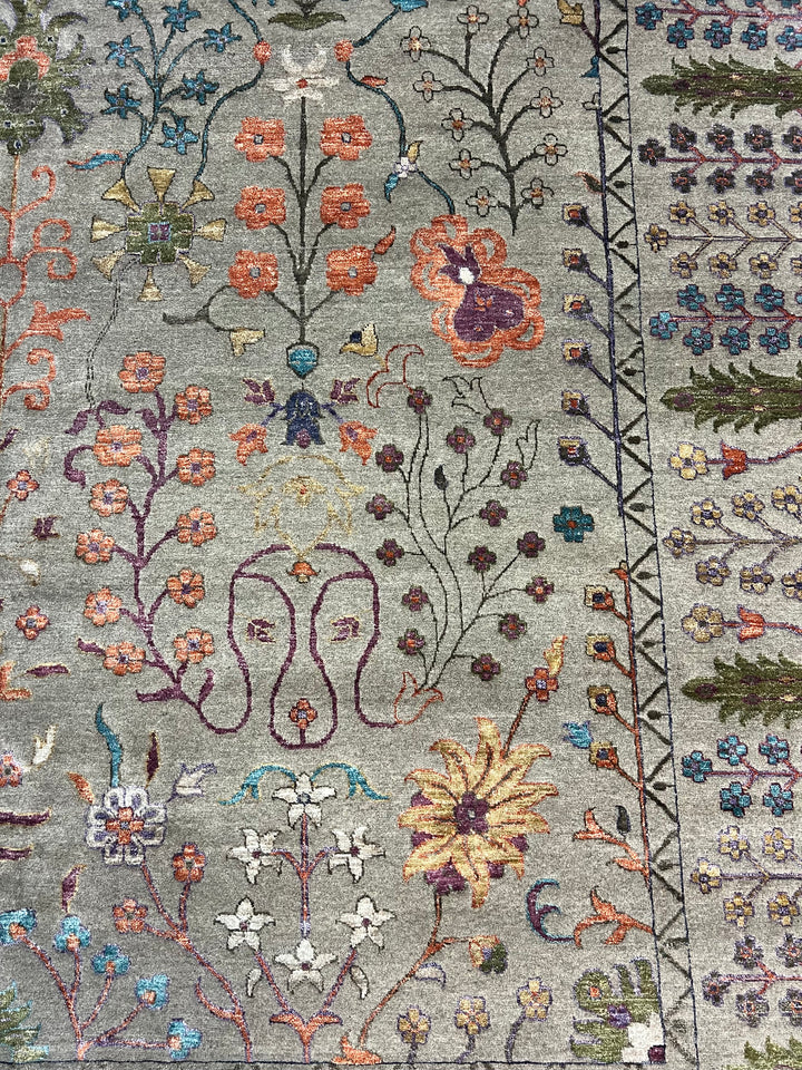 Sage Gray, Coral &amp; Turquoise Botanical Floral Area Rug – 9’1” x 12’1”