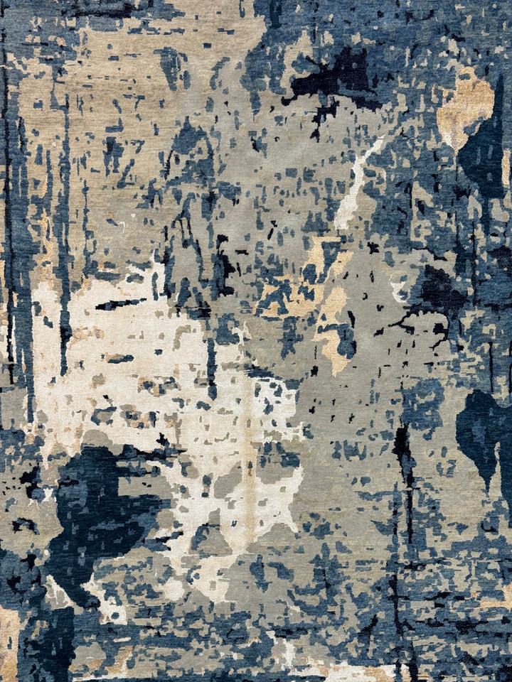Deep Blue, Ivory &amp; Gold Abstract Modern Area Rug – 8’8” x 11’9”
