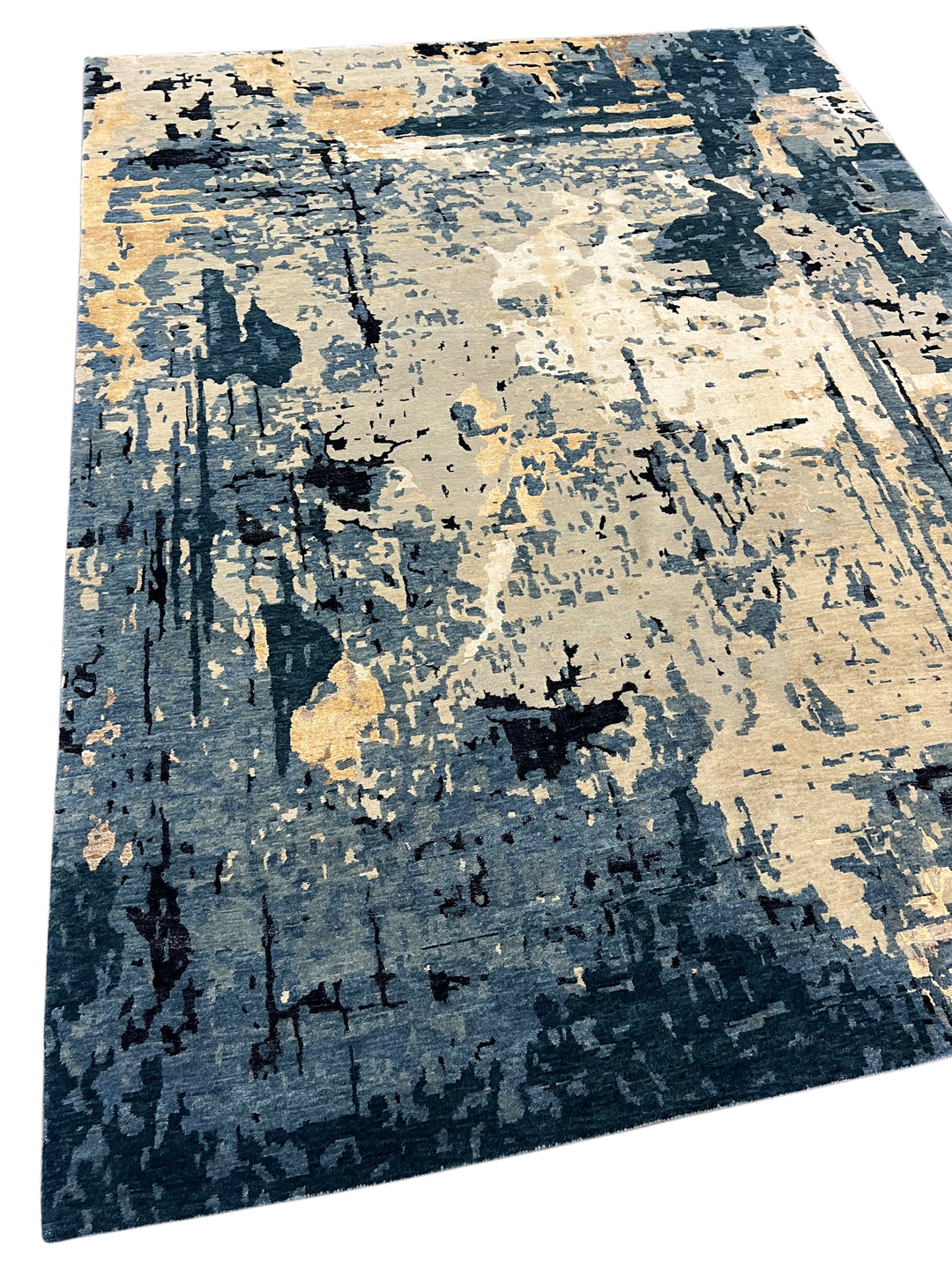 Deep Blue, Ivory &amp; Gold Abstract Modern Area Rug – 8’8” x 11’9”