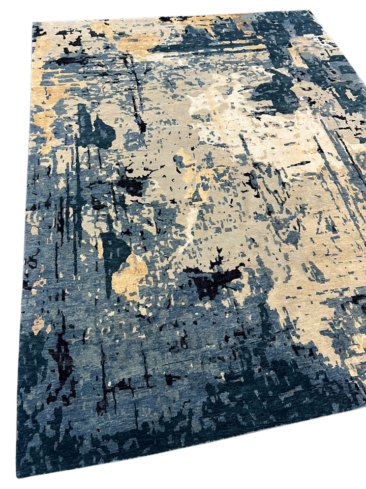 Deep Blue, Ivory &amp; Gold Abstract Modern Area Rug – 8’8” x 11’9”