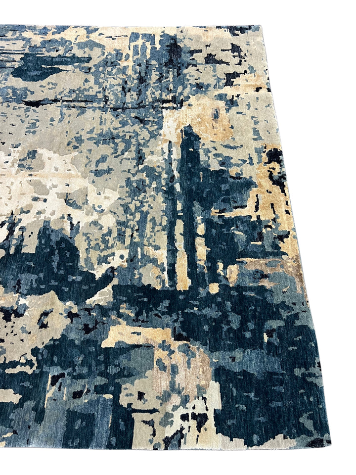 Deep Blue, Ivory &amp; Gold Abstract Modern Area Rug – 8’8” x 11’9”