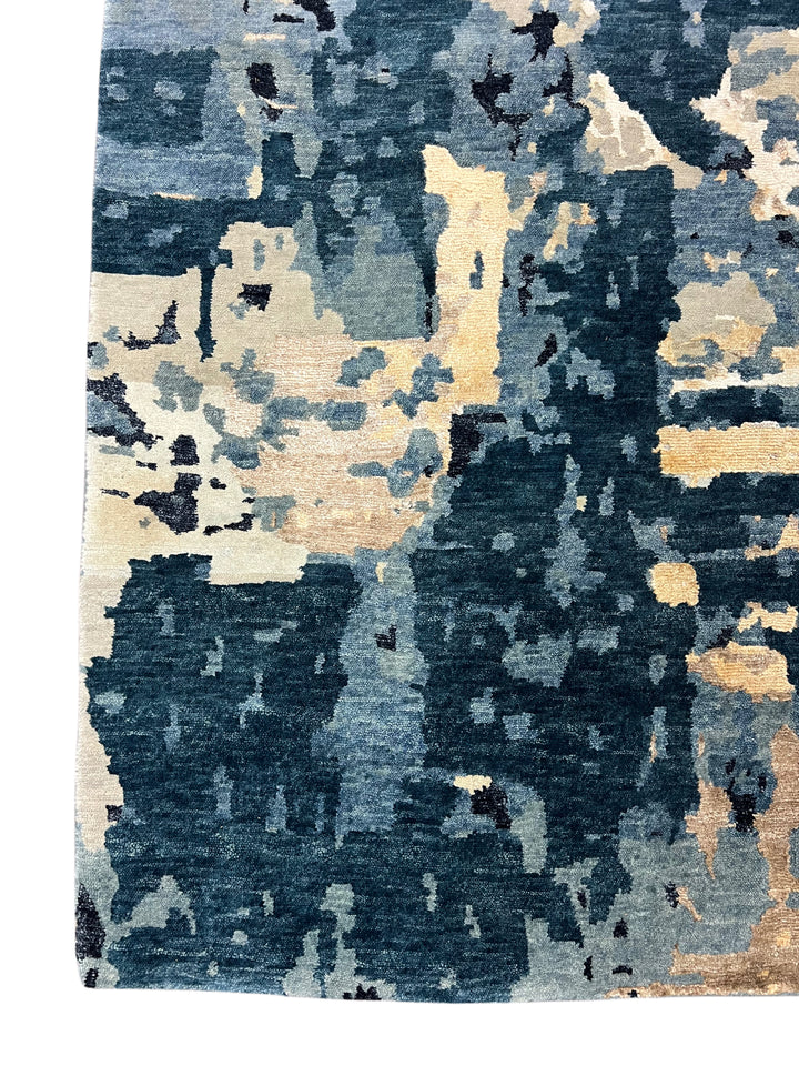 Deep Blue, Ivory &amp; Gold Abstract Modern Area Rug – 8’8” x 11’9”