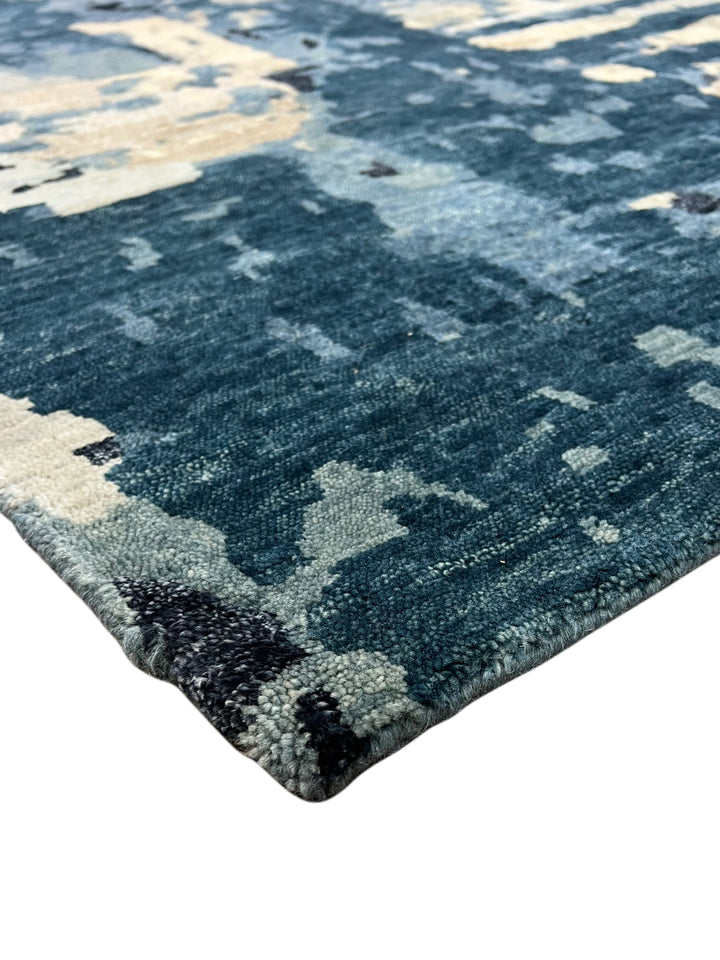 Deep Blue, Ivory &amp; Gold Abstract Modern Area Rug – 8’8” x 11’9”