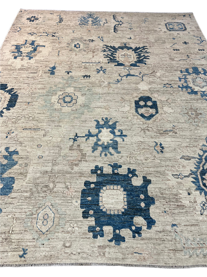Ivory, Sand &amp; Denim Blue Oushak Style Area Rug – 9’6” x 11’8”