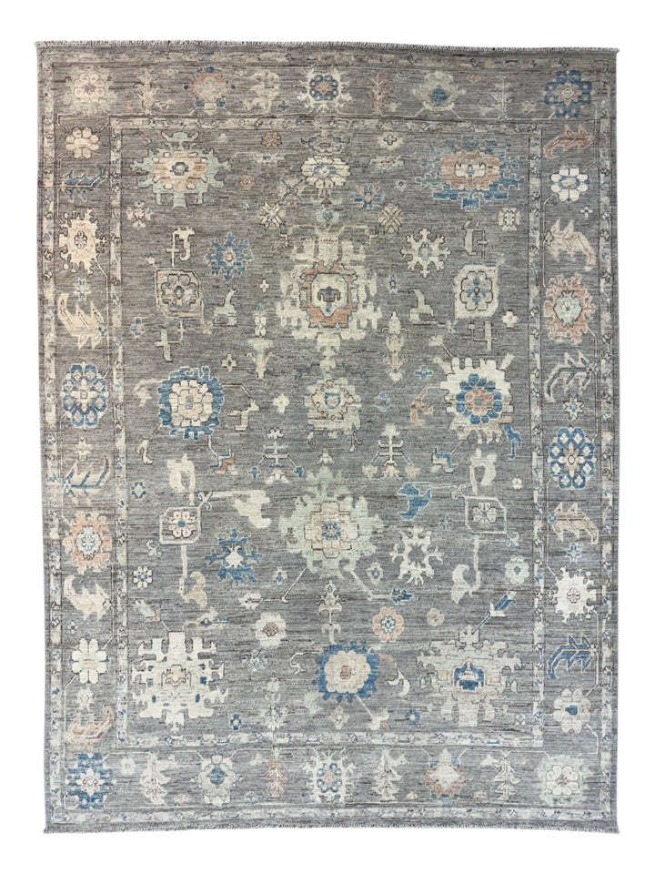 Grey, Blue &amp; Ivory Oushak Style Area Rug – 9’2” x 12’6”