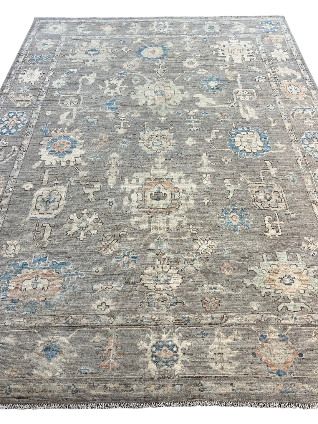 Grey, Blue &amp; Ivory Oushak Style Area Rug – 9’2” x 12’6”