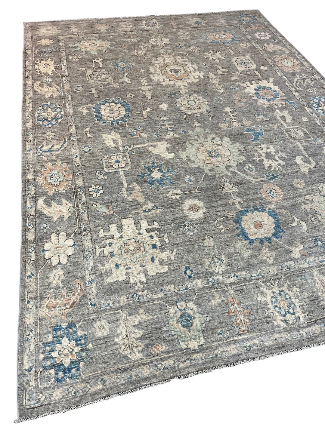 Grey, Blue &amp; Ivory Oushak Style Area Rug – 9’2” x 12’6”
