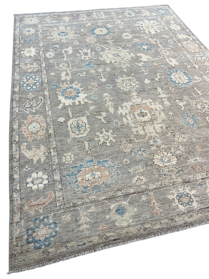 Grey, Blue &amp; Ivory Oushak Style Area Rug – 9’2” x 12’6”