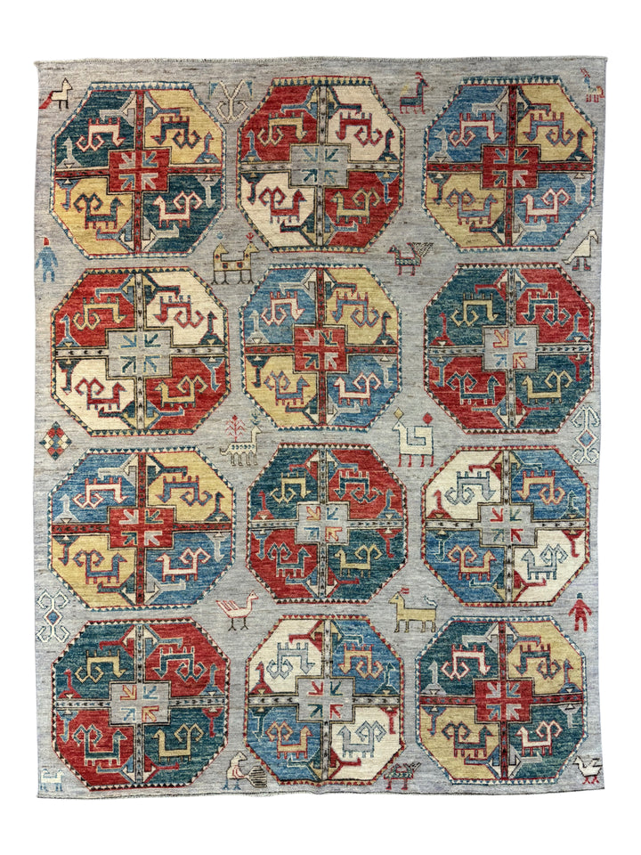 Grey, Red &amp; Blue Tribal Geometric Area Rug – 8’11” x 11’7”