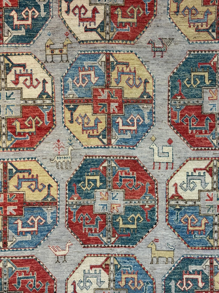 Grey, Red &amp; Blue Tribal Geometric Area Rug – 8’11” x 11’7”