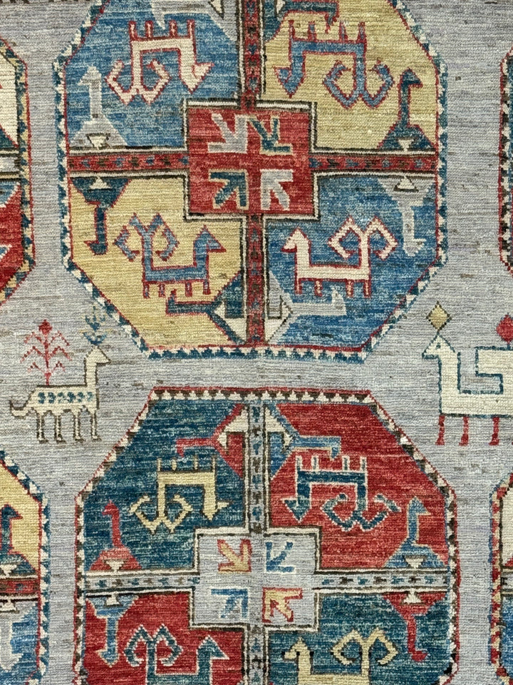 Grey, Red &amp; Blue Tribal Geometric Area Rug – 8’11” x 11’7”